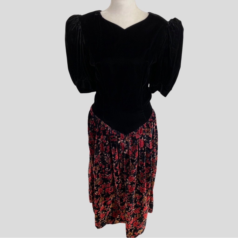 Vintage Jessica McClintock Gunne Sax Velvet Floral Puff Sleeve Midi Dress